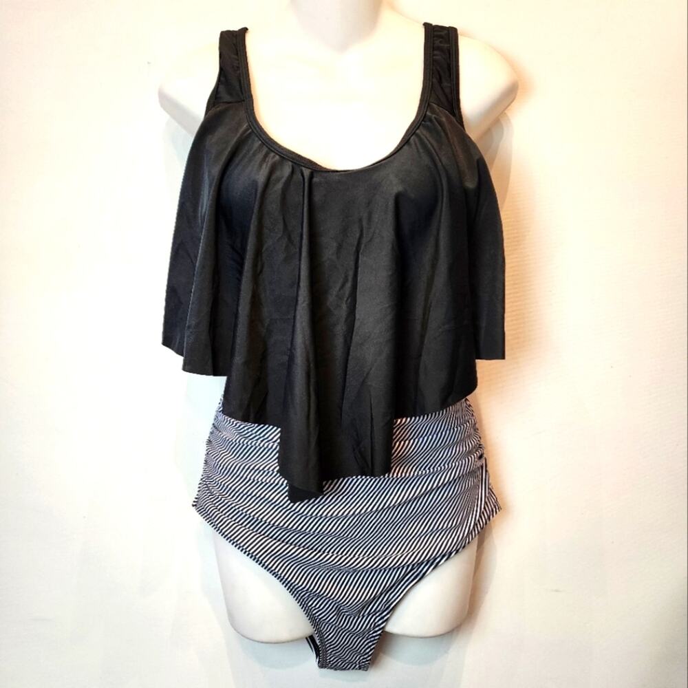 New Two Piece Swimsuit Black & White‎ Striped Tankini 127 Slimming High Waist L